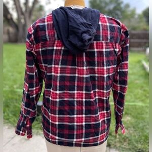 Classic Navy Cotton Garment Hooded hoodie jacket Large L Plaid Women's blue red